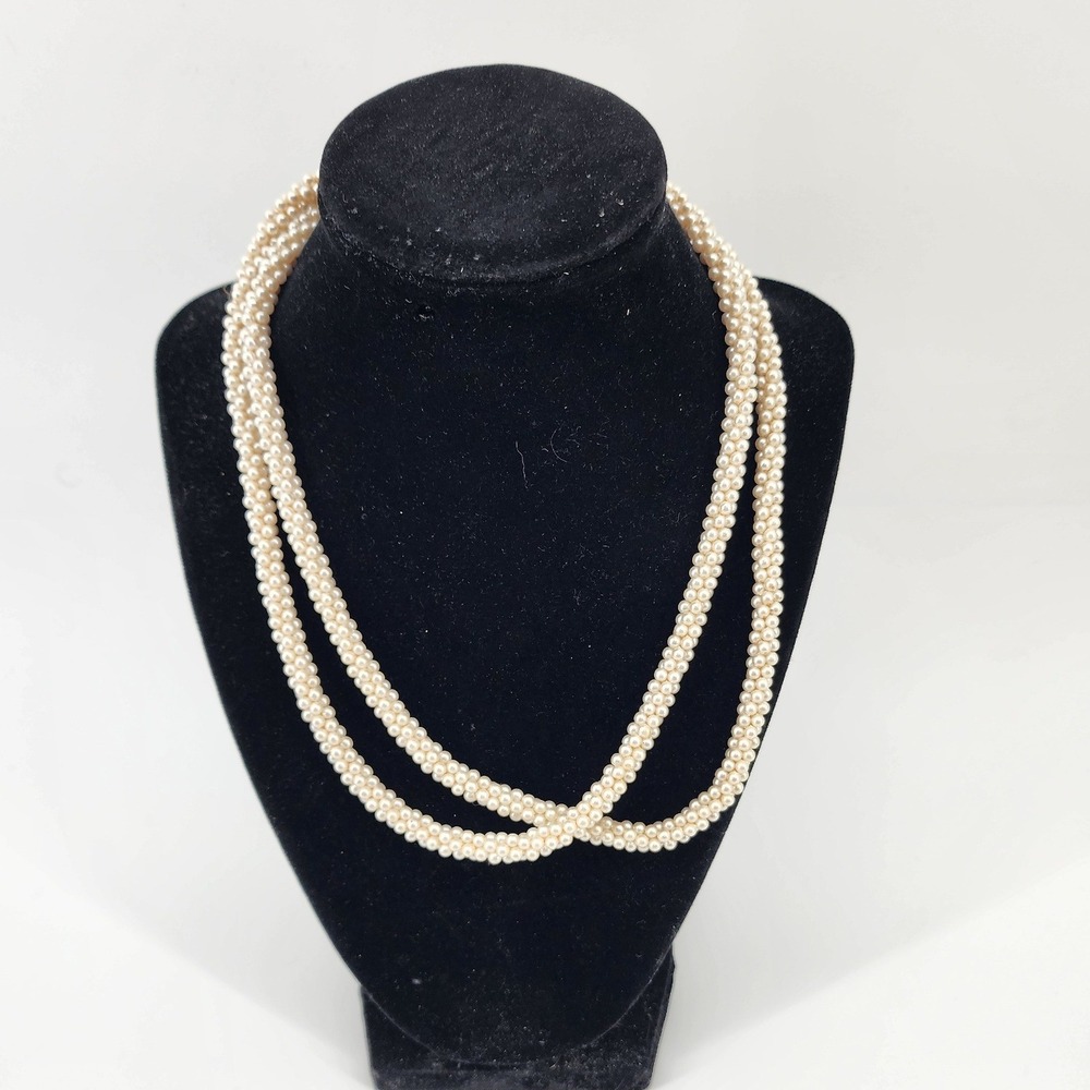 Vintage Multi Strand Braided Faux Pearl Long Rope‎ Necklace Cream